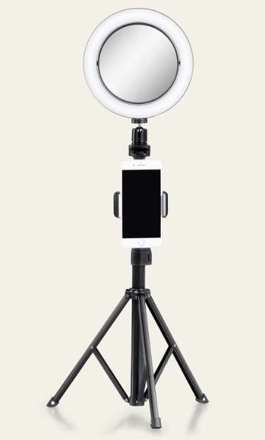 A picture showing a phone tripod with ring light. 