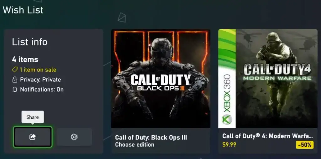 Xbox Wishlist with discount on Call of Duty 4.